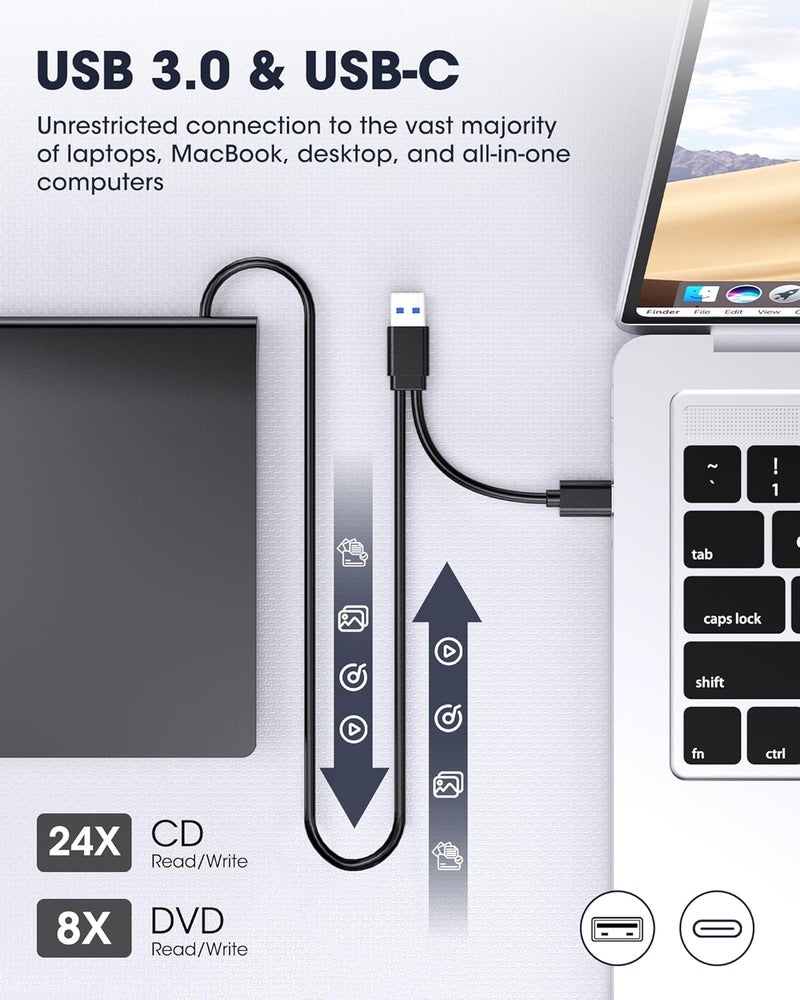 ROOFULL External CD DVD Drive for Laptop, USB 3.0 Type-C CD DVD Disc Reader Writer Burner, USB-C Portable CD DVD Player for Windows 11/10/7 PC Apple Mac MacBook Linux Computer, RF21-MAS - Image 3